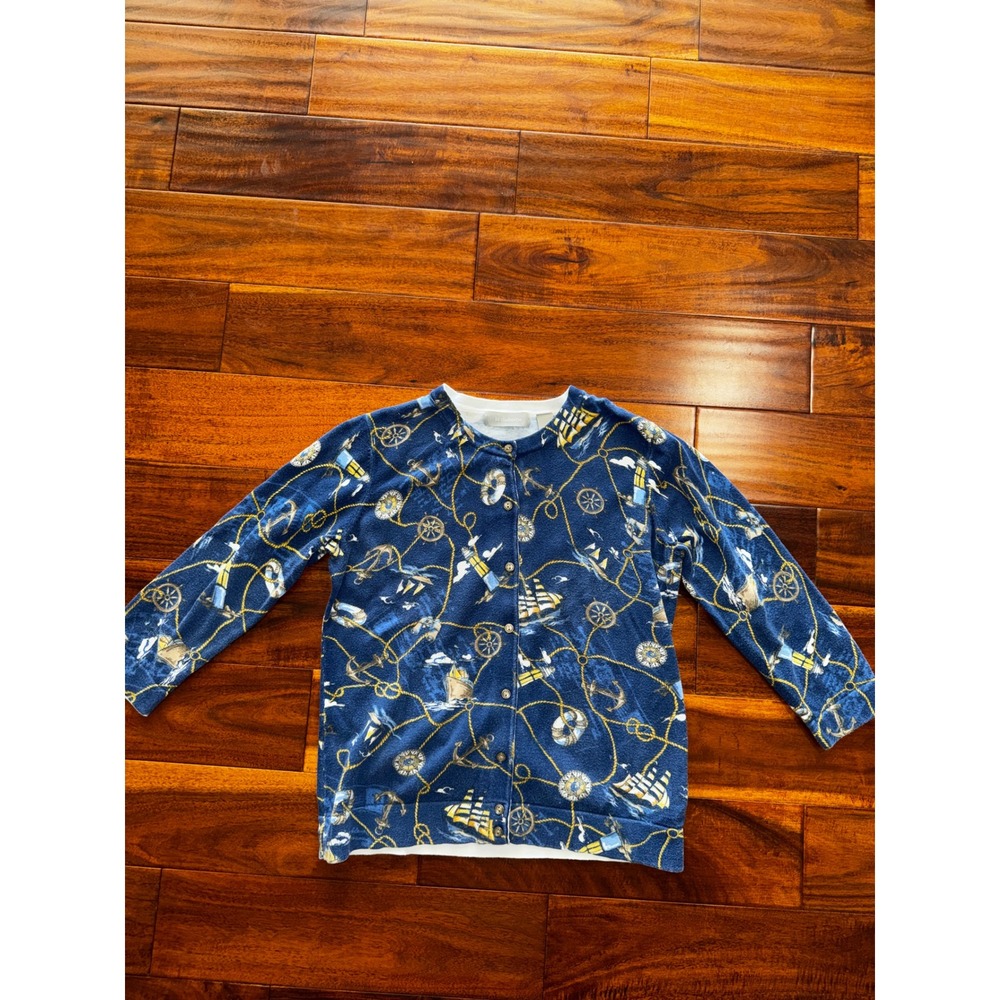 Liz Claiborne Cardigan Sweater Womens Medium Blue Nautical Sailboat Excellent